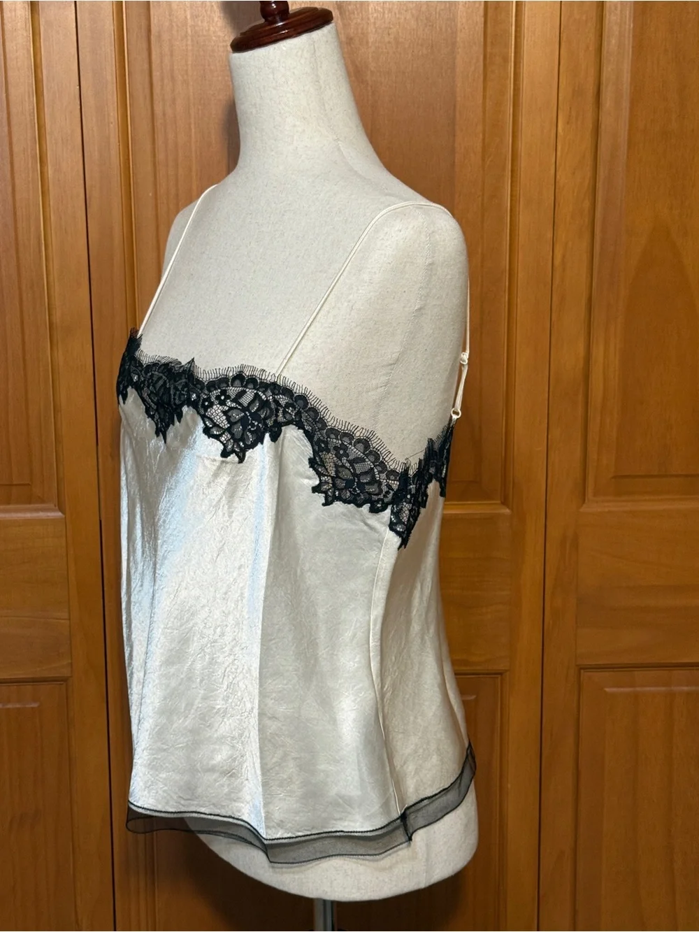 J. Crew Cream Textured Satin Cami with Black Lace Trim